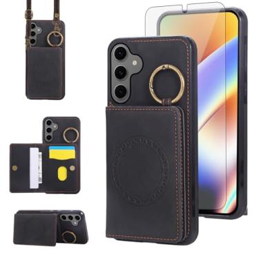 Imagem de Capa carteira compatível com Samsung Galaxy S24/S25 5G e protetor de tela, alça de ombro transversal, fivela anel, suporte para cartão, suporte magnético para carro, capa para celular para S 24 24S