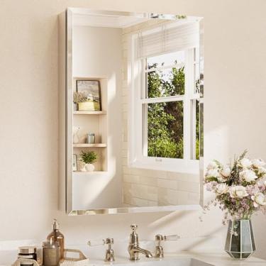 Imagem de TETOTE Armário de espelho de banheiro de 61 x 81 cm com espelho chanfrado temperado, armário de medicamentos prateado, dobradiças DTC, prateleiras ajustáveis contínuas, embutidas/montadas na