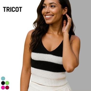 Imagem de Blusa Regata Cropped Tricot Feminino Gola V com Detalhe Bicolor Modern