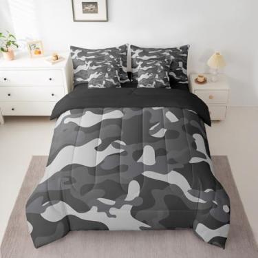 Imagem de Erosebridal Conjunto de edredom Queen, camuflado, cinza, militar, abstrato, para crianças, meninos, meninas, preto, cinza, conjunto de cama simples