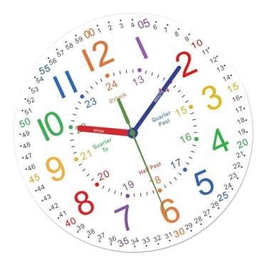 Imagem de FLCPJGV Relógio de parede infantil analógico silencioso de madeira, relógio de aprendizagem decorativo para quarto infantil, decoração de parede para, Style a