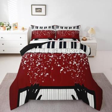 Imagem de Erosebridal Conjunto de edredom com notas musicais para crianças, meninos, adolescentes, homens, piano, teclas, jogo de cama casal com 2 fronhas, vermelho e preto
