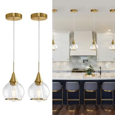Imagem de HAHZT Luminárias pendentes Cozinha: Pacote com 2 lâmpadas modernas de ilha dourada com vidro transparente - Globo de meados do século 15 cm lustres de iluminação de cozinha teto para foyer quarto