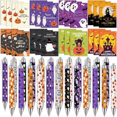 Imagem de Honoson Conjunto de 48 peças de presentes de Halloween, 24 canetas esferográficas, 24 mini cadernos para artigos de festa de Halloween, prêmios, prêmios de doces ou travessuras, caneta de tinta de gel