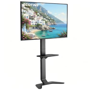 Imagem de ECOTINY Suporte de TV ultrafino para TVs de 37 a 86 polegadas, base curvada moderna com prateleira, altura e inclinação ajustáveis, design que economiza espaço com gerenciamento de cabos, serve para