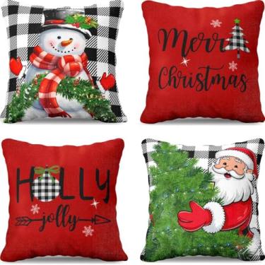 Imagem de LUVIVIHOME Capas de almofada de Natal, capa de almofada decorativa, xadrez preto e branco, árvore de Natal, inverno, boneco de neve, Papai Noel, capa de travesseiro para sofá ao ar livre, decorações