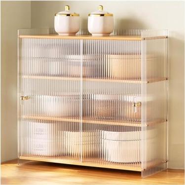 Imagem de Armário De Armazenamento De Despensa De Cozinha Para Bancada, Armário Organizador Multiuso Com 2 Portas De Acrílico Listradas Deslizantes, Despensa De Alimentos De Balcão De Mesa, Yellow, D