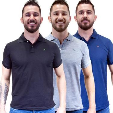 Imagem de Kit 3 Camisas Gola Polo Masculina Piquet Lisa Camisaria Colombo, Azul 