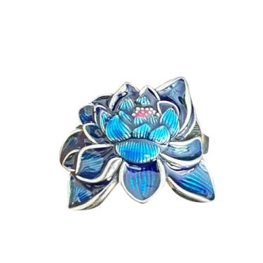 Imagem de AIEDE Elegante anel de flor de lótus esmaltado azul, joia feminina em tom prateado