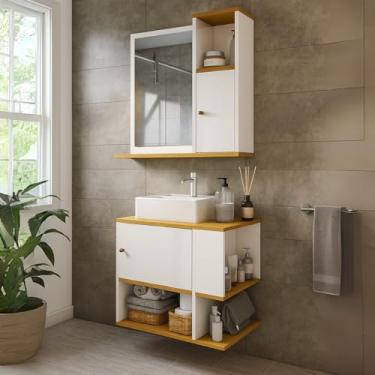 Imagem de Conjunto Kit Gabinete Armário Balcão Aéreo Suspenso Lavabo Pia Banheiro Compacto 1 Porta Nicho Organizador com Espelheira Suspensa Parede Bancada Prateleira Espelho 1 Porta Deca Aqua (Offwhite/Freijó)