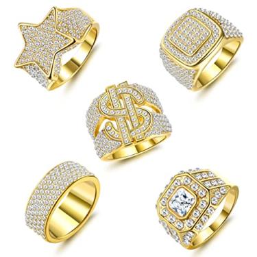 Imagem de FASACCO 5 peças de anel banhado a ouro 18 K com diamante simulado simulado CZ punky rappers anel anel hip hop com sinal de dólar estrela para homens, Aço Inoxidável, aço inoxidável