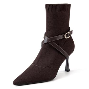 Imagem de NEWBELLA COSY Botas femininas de bico fino no tornozelo – Botas elegantes de salto gatinho de 7 cm, botas de inverno sem cadarço para outono e inverno, Alça com cruz de café, 41