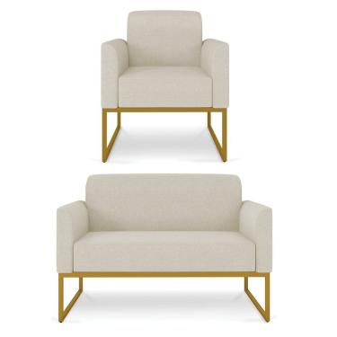 Imagem de Kit Namoradeira e 1 Poltrona Decorativa Base Industrial Dourada Maressa A19 Linho Grosso Bege - Ibiza