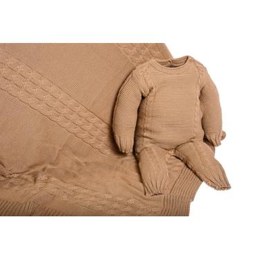 Imagem de SAIDA MATERNIDADE 2 PÇS DE TRICOT LUXO MACACÃO E MANTA MENINO E MENINA (Avelã)