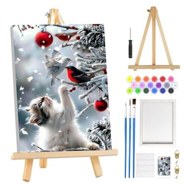 Imagem de MOGTAA Kit de pintura de Natal por números para adultos iniciantes com moldura, kits de pintura de gato de Natal por números em tela com cavalete, kits de pintura a óleo de inverno fáceis DIY para