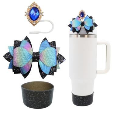 Imagem de Conjunto de 3 peças de acessórios para copo Stanley de 30 e 1,134 g com alça, decoração de canudo de laço fofo e topo de palha de 10 mm, bota de silicone com glitter, acessórios de copo fofos