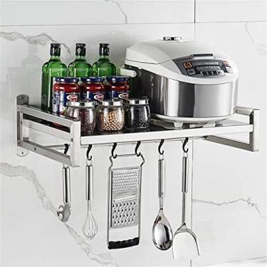 Imagem de Rack de armazenamento de micro-ondas para pendurar na parede de aço inoxidável para forno de microondas, com 6 ganchos laterais, para balcão de cozinha, organizador de armazenamento, prateleira,