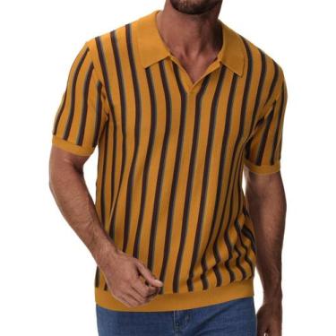 Imagem de Camisa polo masculina iWoo, de malha, manga curta, listrada, amarela, 