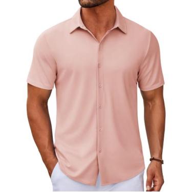 Imagem de Camisa masculina COOFANDY de manga curta com botões rosa