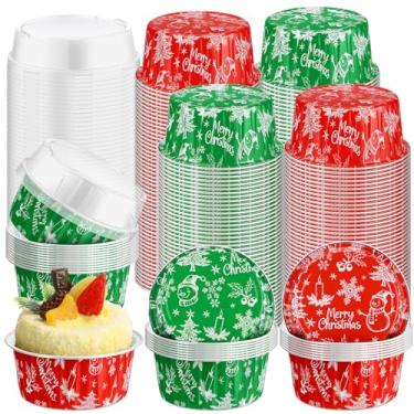 Imagem de Potchen 200 peças de copos de folha de alumínio de Natal com tampas, 142 g descartáveis de ramekin mini forro, latas de floco de neve, boneco de neve, recipientes de cupcake de árvore de Natal para