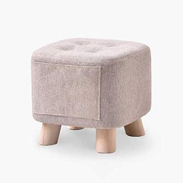 Imagem de Banqueta de pés quadrada de madeira maciça, banquinho de penteadeira/cadeira, capa de algodão sintético e 4 pernas para sofá, banco baixo (cor: bege), cadeira de decoração de casa