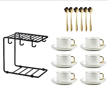 Imagem de Conjunto de xícara de chá estilo europeu conjunto de xícaras de chá moderno conjunto de xícaras de café de porcelana requintado com rack de armazenamento (cor: verde branco, tamanho: 4 peças) (branco