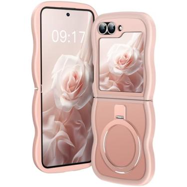 Imagem de [Suporte magnético e moldura ondulada] Capa para Samsung Galaxy Z Flip 6/5 [Apto para Mag Safe] [Proteção contra quedas militar] Capa de anel de telefone translúcida não amarelada Z Flip 6/5 para