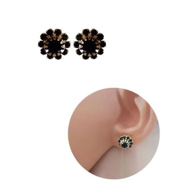 Imagem de Brinco Strass Pequeno Flor Preta Folheado Ouro 18k Antialérgico - Mixf