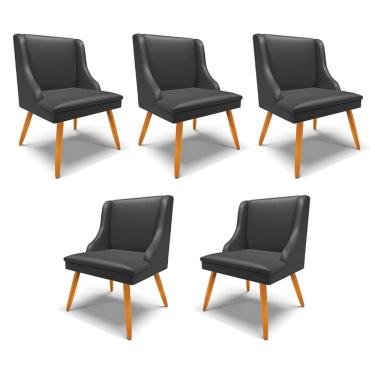 Imagem de Kit 5 Cadeiras Decorativas Sala de Jantar Pés Palito de Madeira Firenze PU Preto Fosco/Natural G19 - Gran Belo