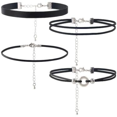 Imagem de SUNNYCLUE 1 caixa e 4 estilos gargantilhas pretas conjunto de colar gargantilha de couro sintético fino com fecho cordão gótico punk correntes ajustáveis para fazer joias, acessórios faça você mesmo