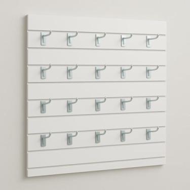 Imagem de Painel Canaletado MDF Branco, 61x61cm, com 10 Ganchos Metálicos, Organizador de Parede para Loja e Casa
