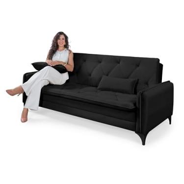 Imagem de Sofá Cama Yara Reclinável Casal Suede Preto com Pés em Aço Sala De Estar Casa Imperial