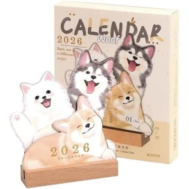 Imagem de Orandan Calendário de mesa pequeno 2026, mini calendário de mesa para cães 2026 com base de madeira, agenda mensal com notas fofas, presente para amantes de animais de estimação (cão)
