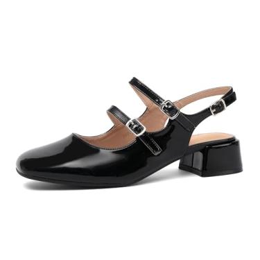 Imagem de NEWBELLA Sapato feminino Mary Janes de couro envernizado - fivela dupla bico quadrado salto médio, sapato de trabalho retrô francês para escritório e uso diário, Preto, 39