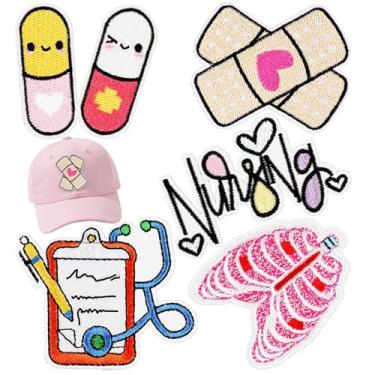 Imagem de Minason Remendos de ferro para roupas: 5 peças EMT enfermeira estetoscópio médico Woundplast pílulas bordadas costurar/passar a ferro no aplique remendo de reparo para roupas jeans, mochilas sociais