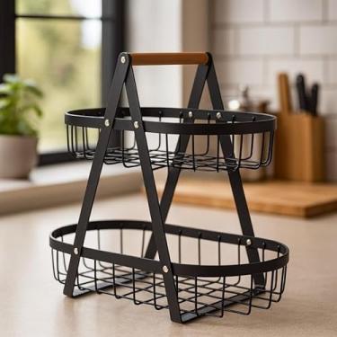 Imagem de Fruteira De Mesa Rustica De Ferro E Bambu Para Café Da Manhã Multiuso Metal Preto Cesto Organizador(FRUTEIRA OVAL PRETA 32X18CM)