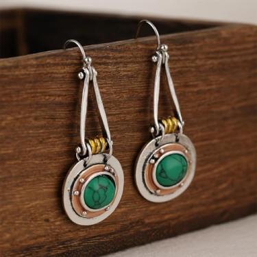Imagem de 1 par de brincos redondos vintage estilo boêmio, brincos personalizados de dois tons turquesa