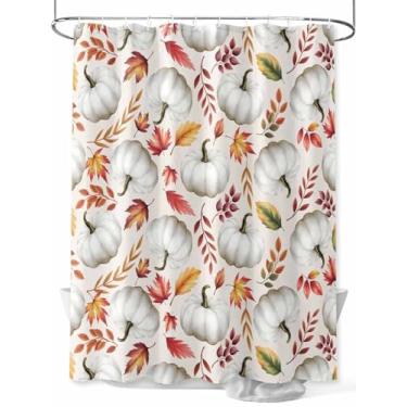 Imagem de Cortina de chuveiro branca de abóbora para o dia de Ação de Graças, textura abstrata de folha de bordo, impermeável, lavável, conjunto de cortinas de banheiro para decoração de banheiro, 182 x 182 cm