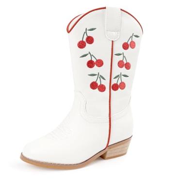 Imagem de Botas de caubói/vaqueira para meninos/meninas, botas infantis com bico quadrado ocidental com zíper lateral (branco + marrom + marrom escuro), Branco vaca, 10 Toddler