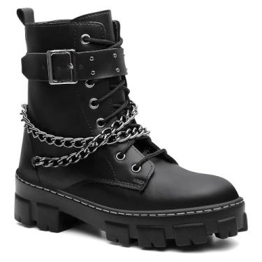 Imagem de Bota Coturno Feminina Preta com Correntes, Cano Alto, Sola Tratorada, Couro Sintético, Estilo Urbano, Fecho com Zíper Lateral, Design Moderno e Atitude (PRETO, Único, BR, Adulto, Numérico, 42)