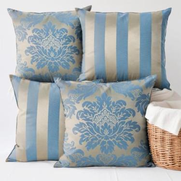Imagem de Kit 4 Capas de Almofadas Decorativas 45x45cm em Tecido Jacquard Adamascado com Zíper – Sofá, Cama e Poltrona(Azul e Dourado)