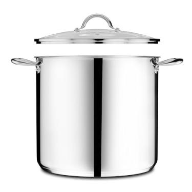 Imagem de Panela de aço inoxidável com tampa de vidro temperado de 24 quartos, aço inoxidável 18/0 durável, base de impacto para aquecimento uniforme, alças rebitadas, compatível com forno e fogão, segura até