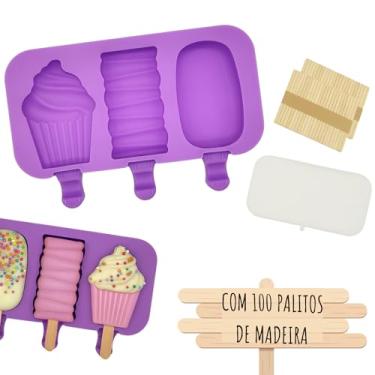 Imagem de Formas de Sorvete Picole Caseiro Silicone Com 3 Cavidades Tampa 100 palitos