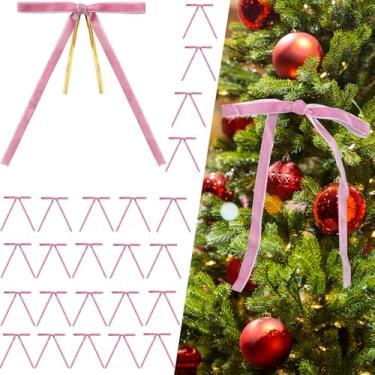 Imagem de 24 peças de laços de veludo rosa enfeites de árvore de Natal laços de fita de veludo vintage para guirlanda de árvore, grinalda, artesanato, festa de casamento, laços de gravata torcida para sacos de