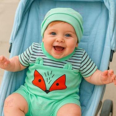 Imagem de Conjunto Macacão Curto + Touca Raposinha Bebe Menino Tam RN a 04 Meses