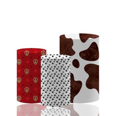 Imagem de MvoVitality Conjunto de capa de pedestal de cilindro com estampa de pata e ponto de vaca – 3 tamanhos de decorações de festa com tema animal para aniversário, chá de bebê, tema de fazenda, exibição de