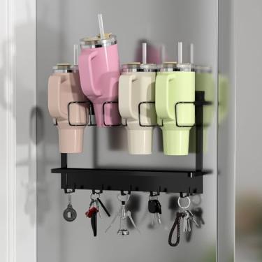 Imagem de HWQBany Suporte magnético Stanley para geladeira, organizador de garrafa de água para copo Stanley de 1,134 g, organizador de copos Stanley com 5 ganchos, preto