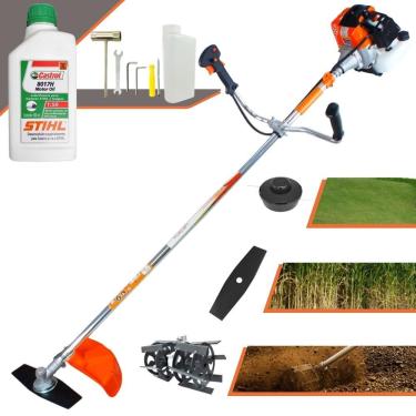 Imagem de Roçadeira Profissional Lateral Vulcan Vr430s À Gasolina 43cc 1,7hp 2t + Óleo Castrol Stihl 500ml + Enxada Rotativa Dura