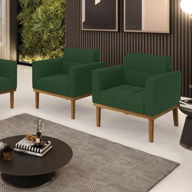 Imagem de Kit 2 Poltronas Decorativas Pés Fixo Em Madeira Castanho Veludo Verde Esmeralda