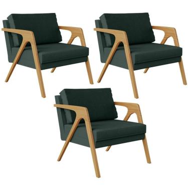 Imagem de Kit 03 Poltronas Pietra Estrutura L02 Linho Verde Musgo